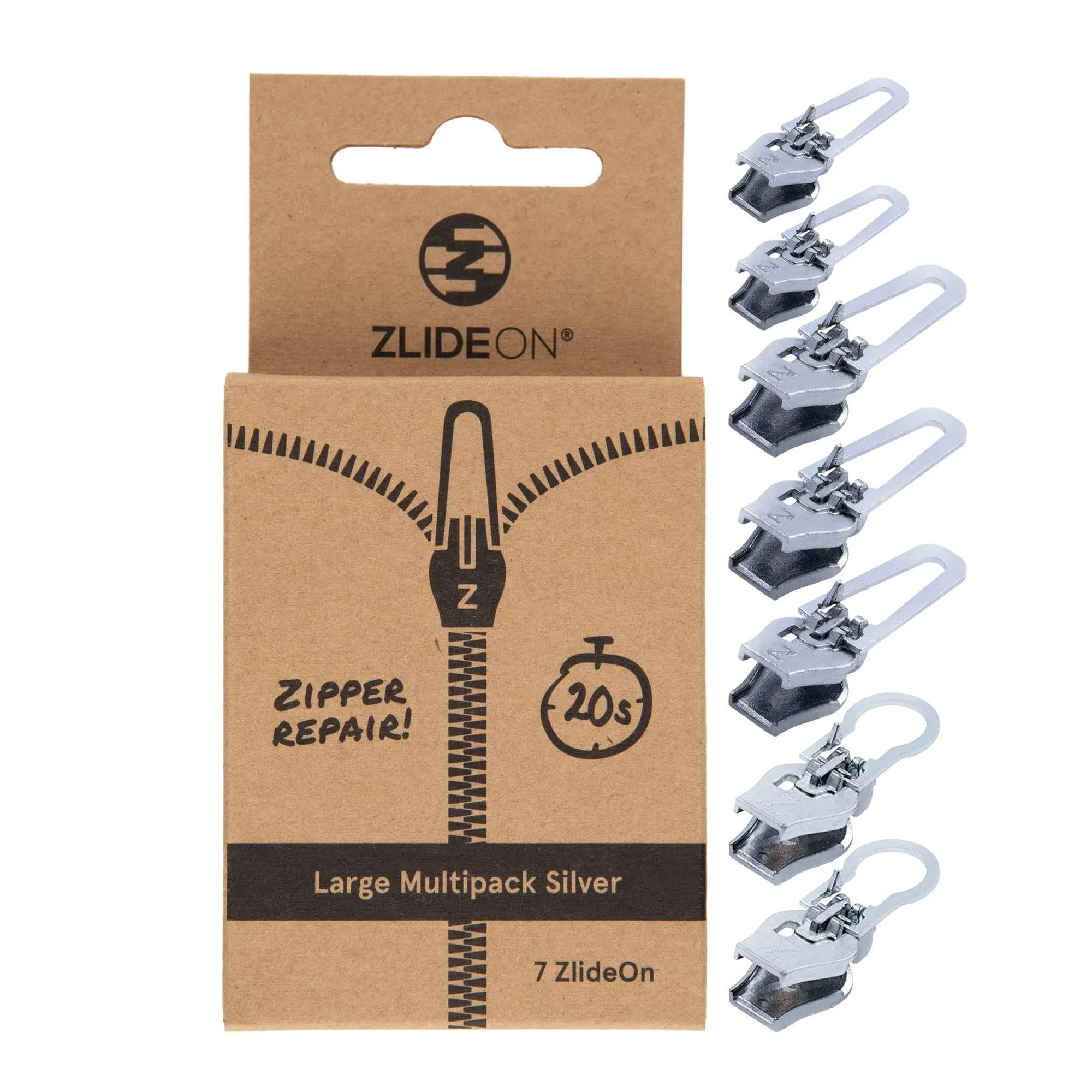 ZlideOn Zipper Pull Replacement - 7pcs, Silver, Large - Instant Zipper Replacement Slider Multipack