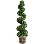 GOPLUS 4 Ft Artificial Boxwood Spiral Topiary Tree, Fake Greenery Plants, Leaves & Cement-Filled Plastic Flower Pot Decorative Trees for Porch Home Office Indoor Outdoor