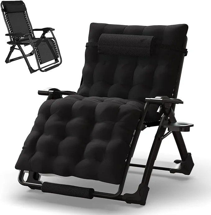 Musment Oversized Zero Gravity Chair, Reclining Lounge Chair with Removable Cushion & Headrest, Ergonomic Patio Recliner Folding Reclining Chair ,Support 500LB,Black