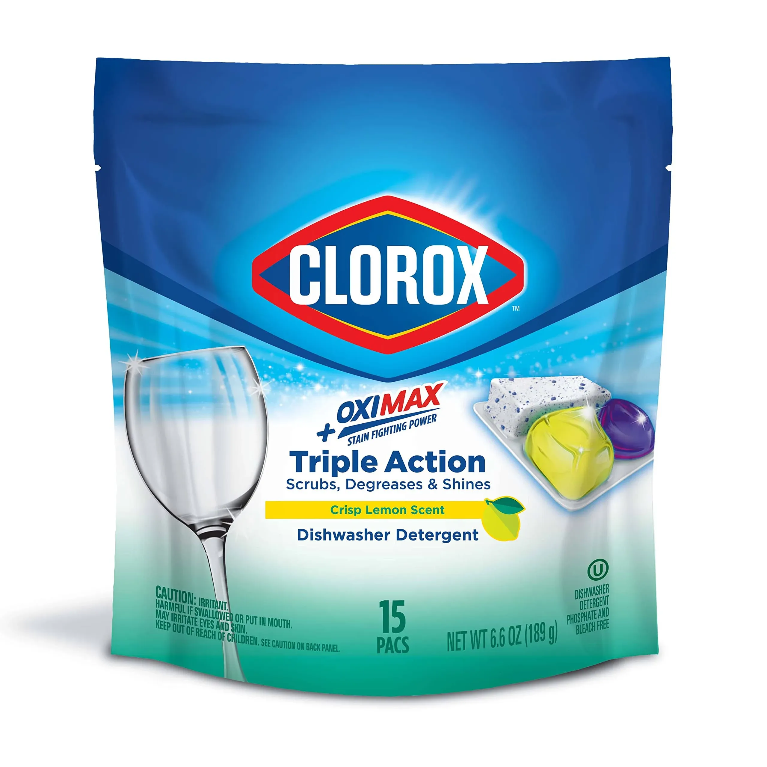 Clorox Triple Action +OxiMax Dishwasher Detergent Pacs, 41 Count Dishwashing Pacs, Lemon Scent