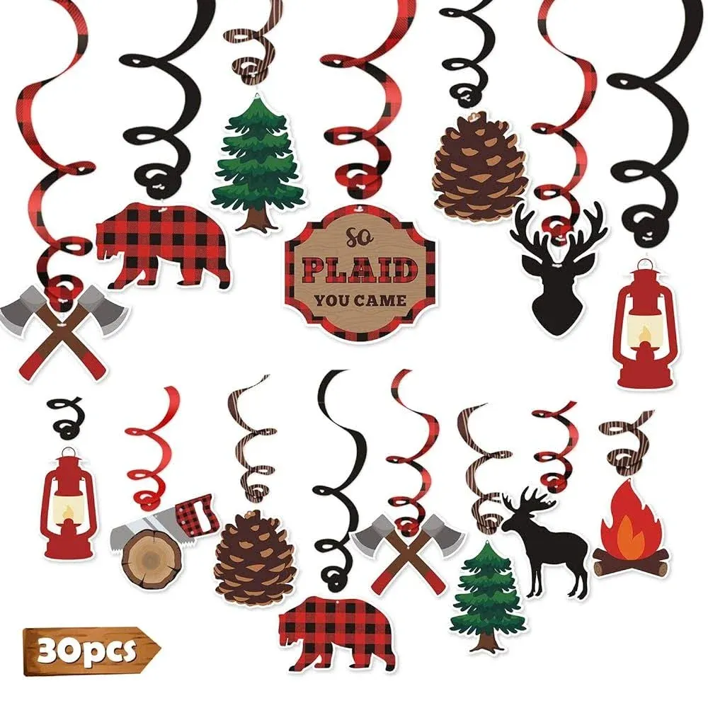 Levfla 30ct Lumberjack Party Hanging Swirls Decoration Buffalo Plaid Kids Birthday Photo Props Camping Ideas Bears Cutouts S'more Fun Door Whirls