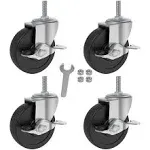 4x 4 Inch Brake Threaded Stem Casters 3/8"-16x1", Swivel Rubber Caster Wheels with Nuts Lock, Industrial Replacement for Carts Workbench Trolley