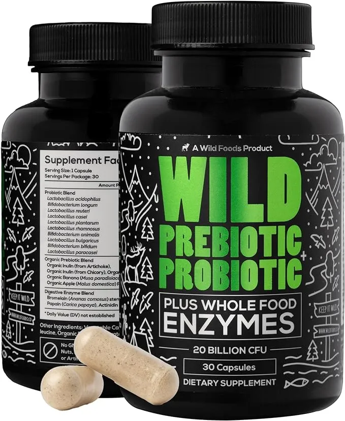 Wild Prebiotics and Probiotics with Digestive Enzymes | 20 Billion CFU - 10 Strains for Women & Men | Support Gut Health & Digestion Supplements | Non-GMO Prebiotic Fiber | 30 Capsules