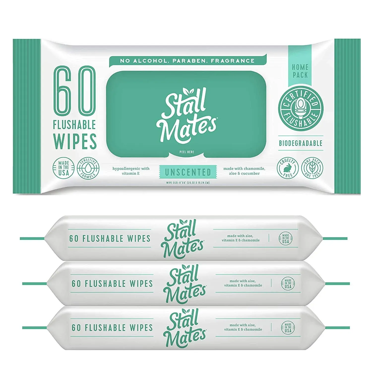 Stall Mates Home Pack. Extra Large, Flushable, Unscented, Hypoallergenic Wet Wipes 60 Count, 4 Pack