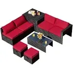 8 Pieces Patio Rattan Storage Table Furniture Set-Red