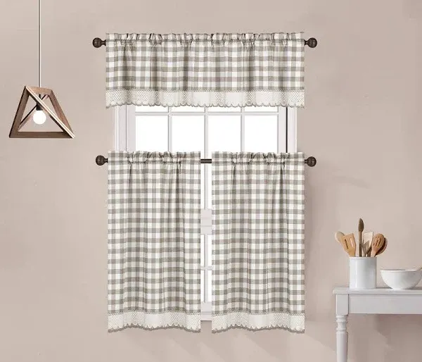 Decotex 3 Piece Buffalo Check Plaid Gingham Crochet Lace Trimmed Kitchen Window Curtain Tiers & Valance Set (24" Tiers with 14" Valance, Taupe/Beige)