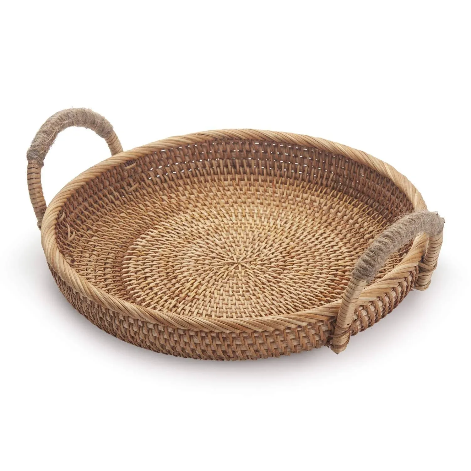 DECRAFTS Rattan Round Fruit Basket for Table Wicker Bread Tray with Handle for Serving Food, Crackers, Snacks (11inch D x 1.8inch H)