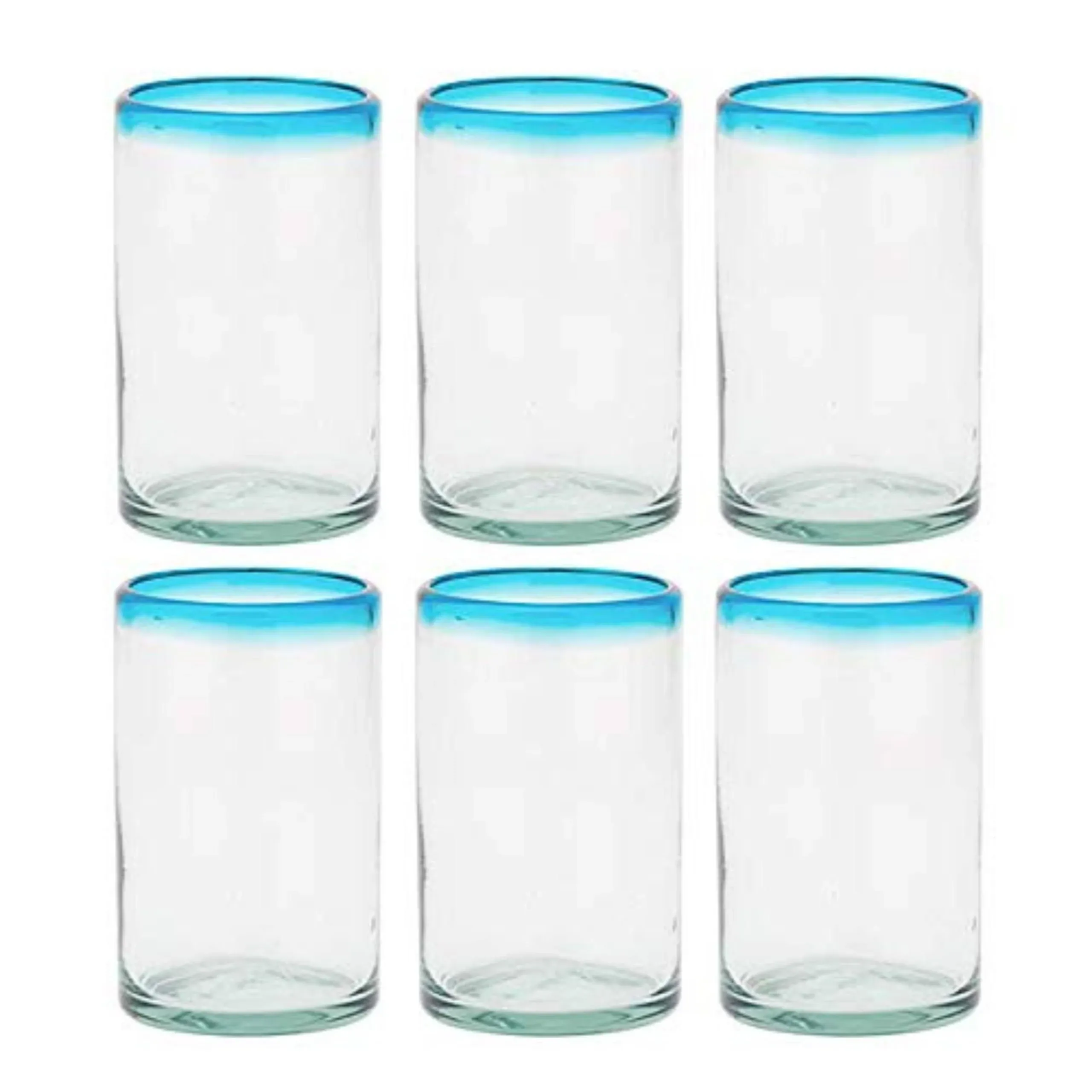 Amici Home Authentic Mexican Handmade Aqua Rim Hiball Glass, 16oz, Set of 6