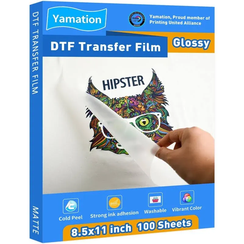 Yamation DTF Transfer Film Glossy: 8.5" x 11"inch 100 Sheets Pet Paper Glossy Clear Cold Peel Direct to Film Transfer Film for Tshirt