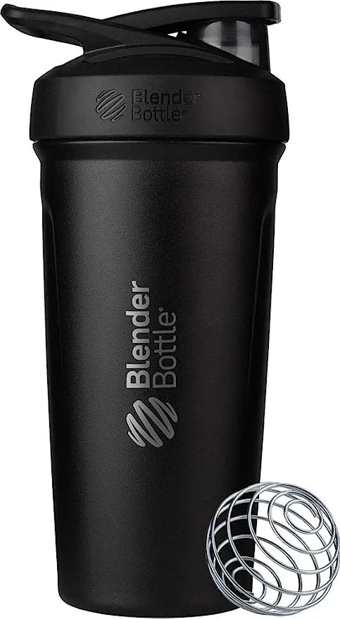 BlenderBottle Strada Twist Cap Shaker Cup Insulated Stainless Steel Water Bottle with Wire Whisk, 24-Ounce, Black