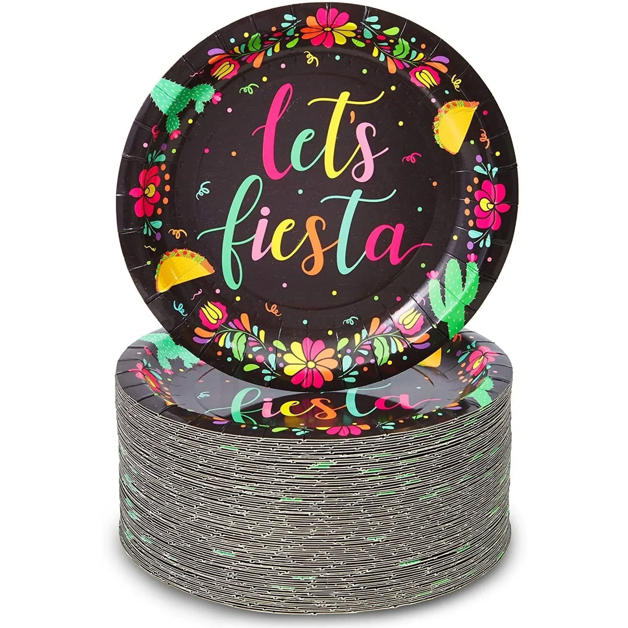 80-Pack Let's Fiesta Cinco De Mayo Party Plates (Black, 7 in)