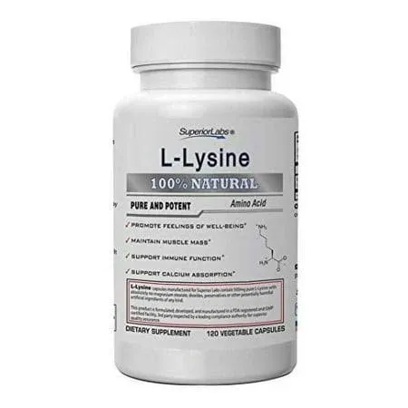 Superior Labs â€“ Best L-Lysine NonGMO - Dietary Supplement â€“500 mg Pure Active L-Lysine â€“ 120 Vegetable Capsules â€“ Supports Calcium Absorption â€“ Immune System & Respi