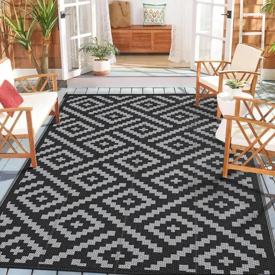 DEORAB 4'x6' Outdoor Rug Patio Clearance, Waterproof Mat,Reversible Plastic Camping, Black & White